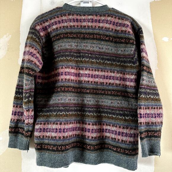 VTG Eddie Bauer Fair Isle 80s Cardigan Sweater 100% Wool V Neck Purple Medium - Picture 4 of 4